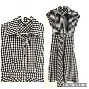 Jones & Co sz 2 Black White Checkered plaid Cotton button up midi dress pockets